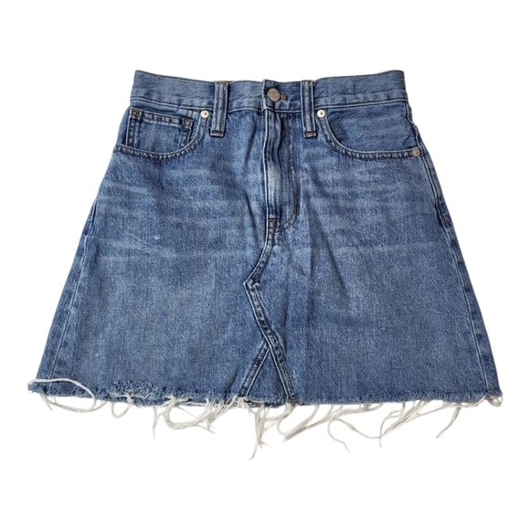 Madewell Dresses & Skirts - Madewell Skirt Rigid Denim A-line Medium Wash Denim Mini Length Raw Hem Size 24
